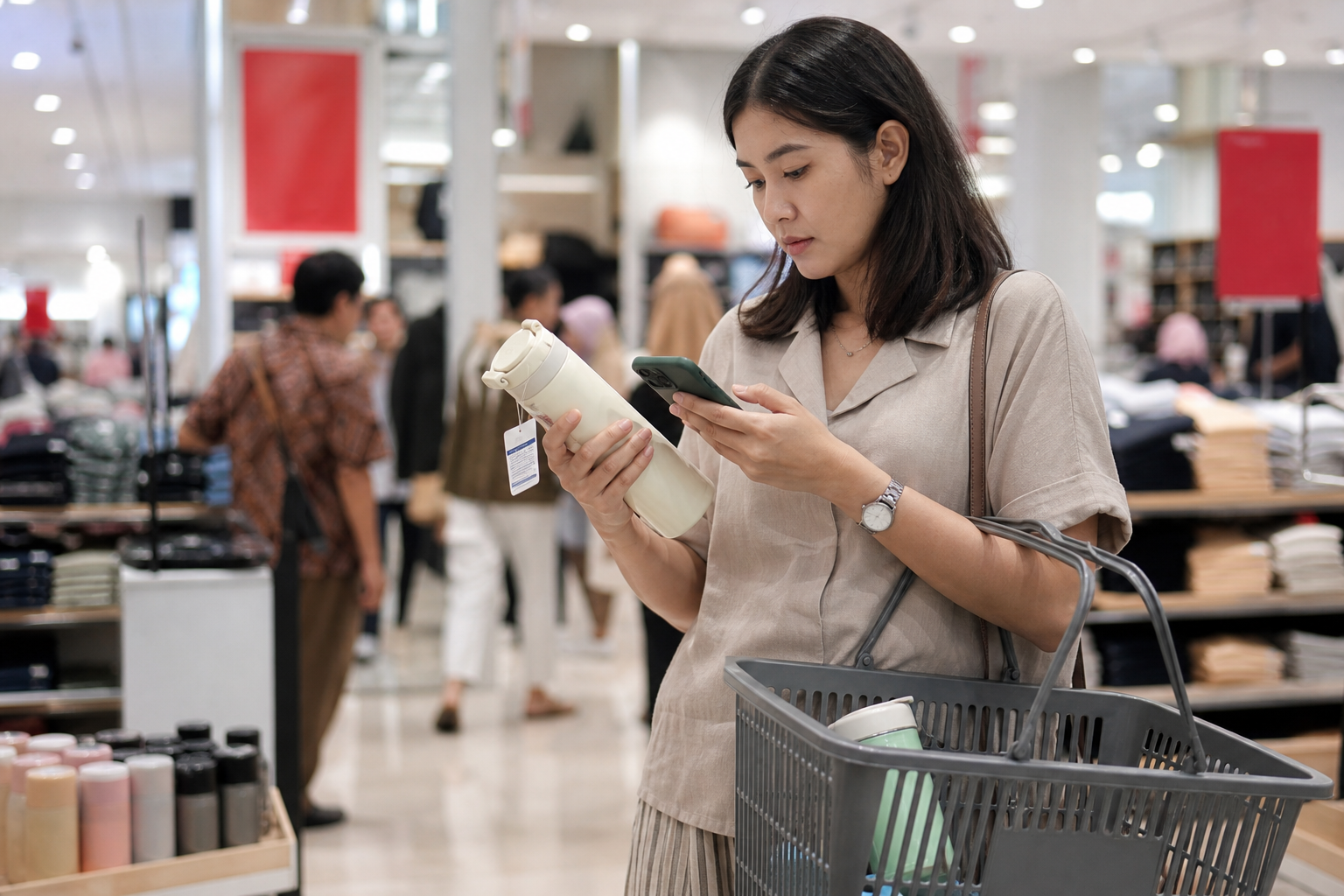 Pembeli membandingkan harga barang saat berlangsungnya promo diskon (chatgpt)
